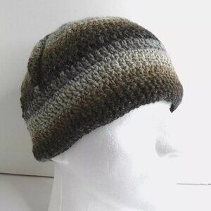 Brown Black Beanie Skull Cap Stripe Kufi OS Hat Handmade Crochet Hand Knit NWT